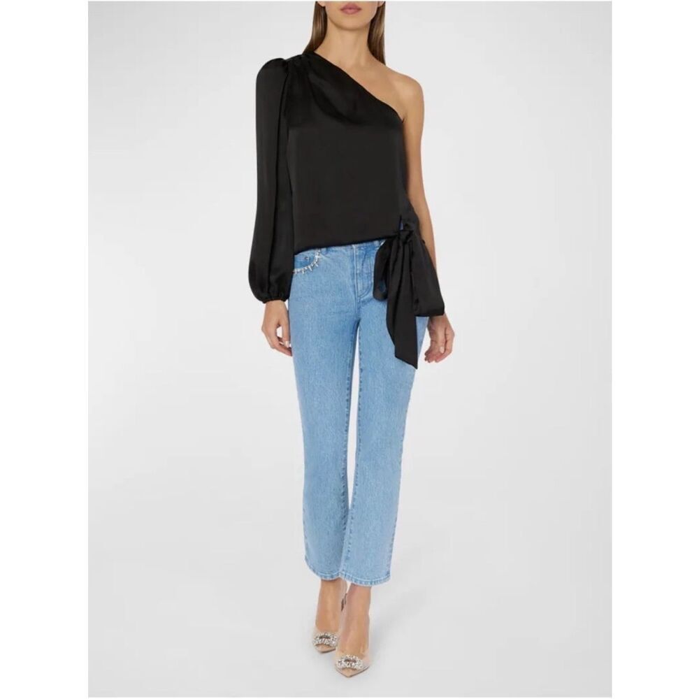 Milly Black One-Shoulder Satin Blouse with Side Tie